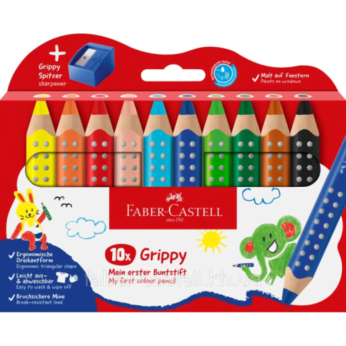 Олівці кольорові Faber-Castell Jumbo Grippy акварельні, 10 кольорів + стругачка (110636) (33043)