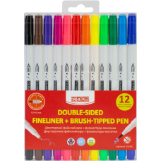 Фломастеры Maxi кисточки BRUSH-TIPPED + лайнеры 2в1, 12 цветов, линия 0,4-6 мм (MX15239)