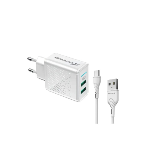 Зарядний пристрій Grand-X CH-60WT 2USB 5V 3.1A + USB-C cable (CH-60WT)