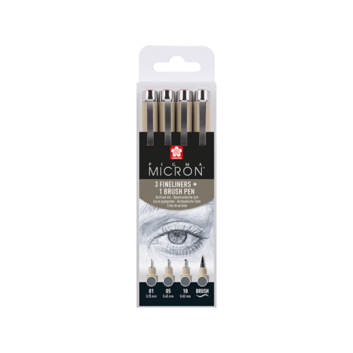 Лайнер Sakura Набір Pigma Micron 4 шт, (0.1/0.5/10/лінер-пензель Pigma Brush), Сірий (8712079474294)