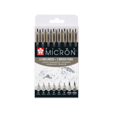 Лайнер Sakura Набір Pigma Micron 8шт, (0.1/0.5/10/лінер-пензель Pigma Brush), Сірий/Сірий світлий (8712079474300)