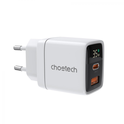 Зарядное устройство Choetech 1xUSB + 1xUSB-C PD35W with display white (PD6052-EU-WH)