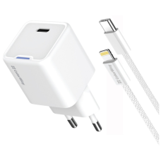 Зарядний пристрій ColorWay C101D GaN Mini 20W PD PPS USB-C + cable USB-C to Lightning white (CW-CHS059PDL-WT)