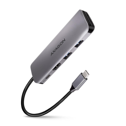 Концентратор AXAGON USB-C to 2xUSBA + HDMI + SD/microSD + USB-C PD 100W 0.2m grey (HMC-5)