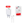 Зарядний пристрій XO L85C (2USB/2.4A) + USB - Lightning White (XO-L85C-L)