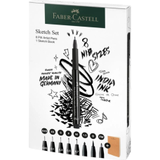 Лайнер Faber-Castell набір ручок капілярних та блокнот Sketch Set колір чорний (XXS, XS, S, F, M, 1,5, B, FM) (32468)